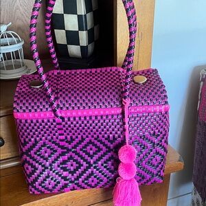 Pink and Black Woven Tote Bag, made in Mexico upcycled plastic with snaps